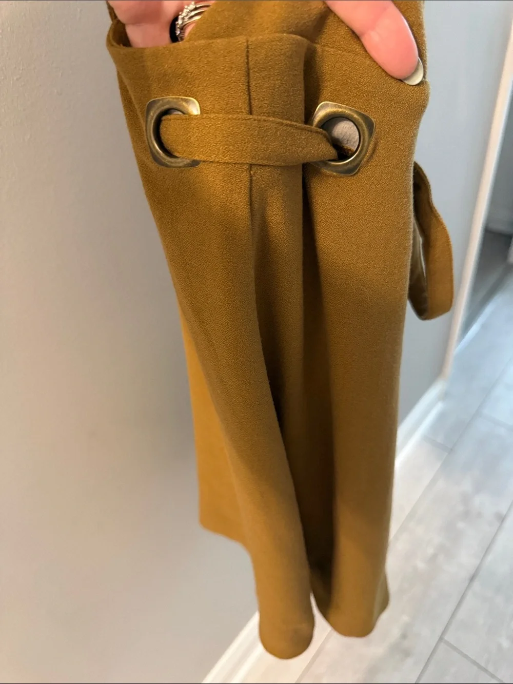 FREE PEOPLE Mustard-Brown Suede Feel Deep-V Dress w Grommets & Tie Waist, S